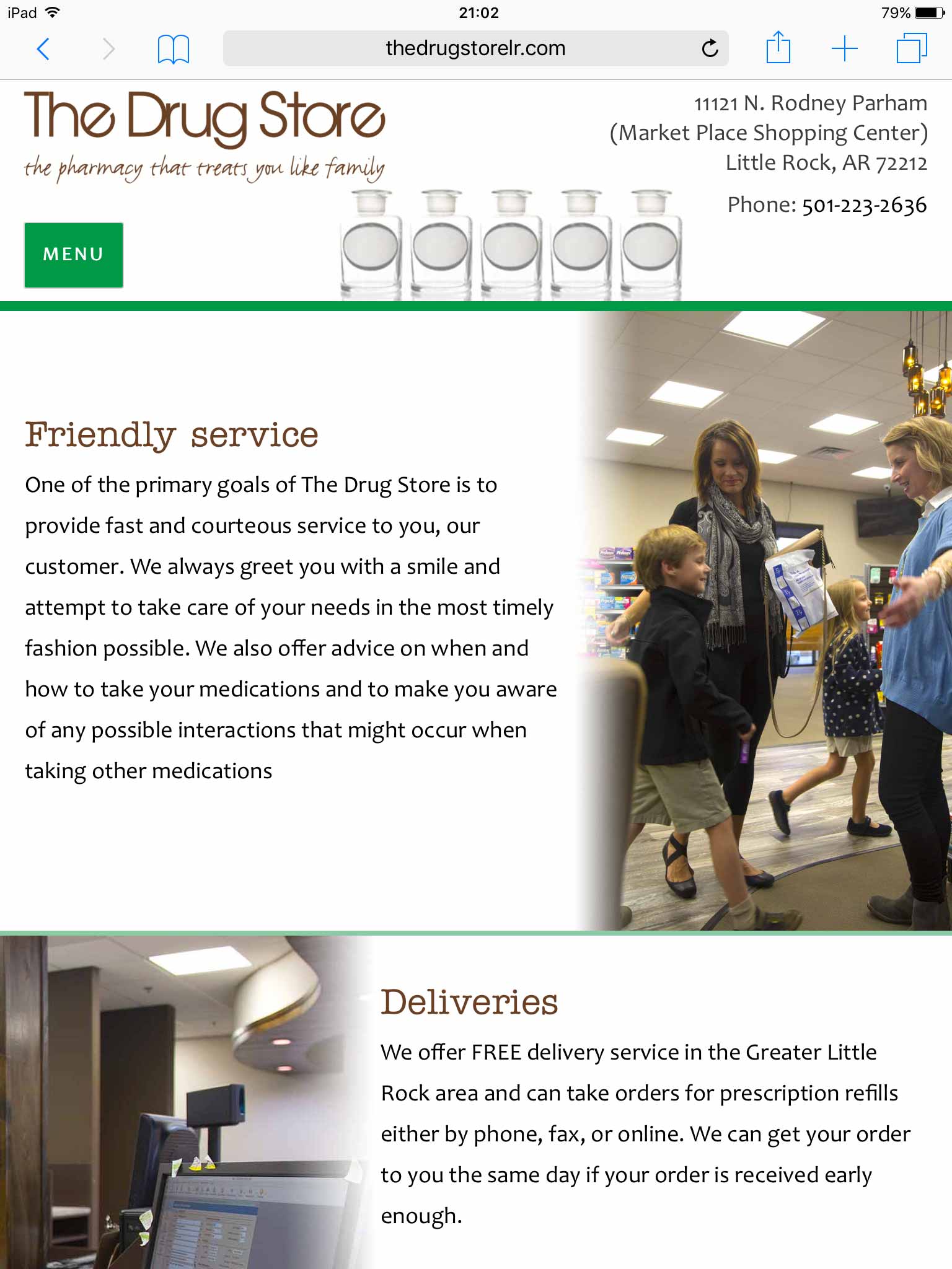 The Drug Store services page on tablet