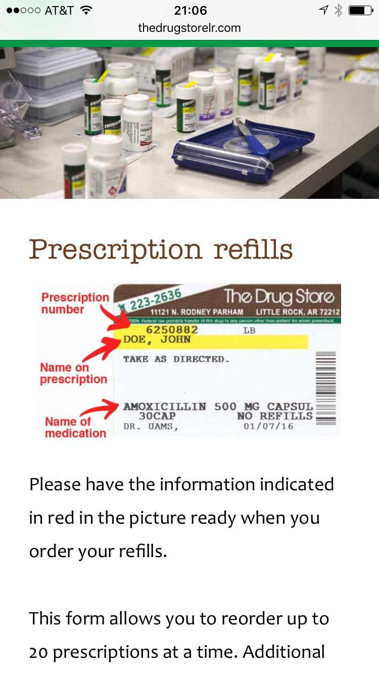 The Drug Store prescription refill page on mobile screen