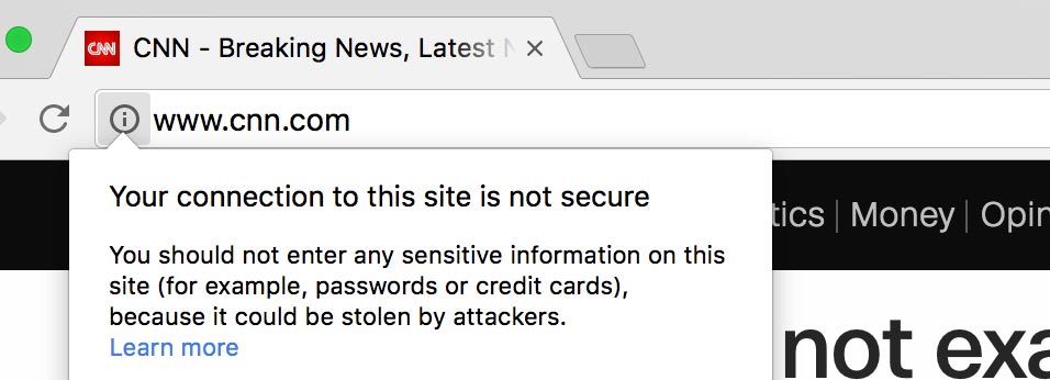 Chrome web browser displaying "not secure" warning