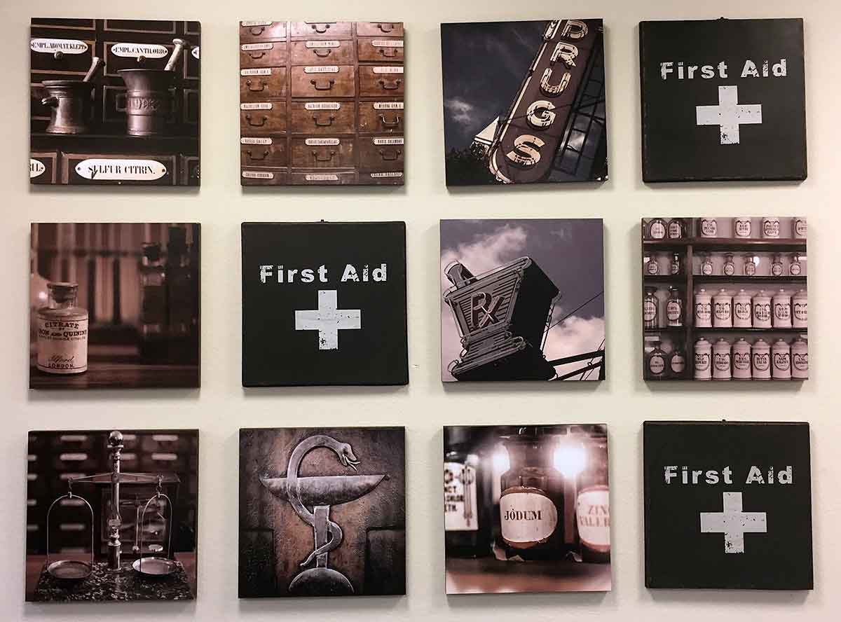 The Drug Store, wall picture arrangement on smaller wall space