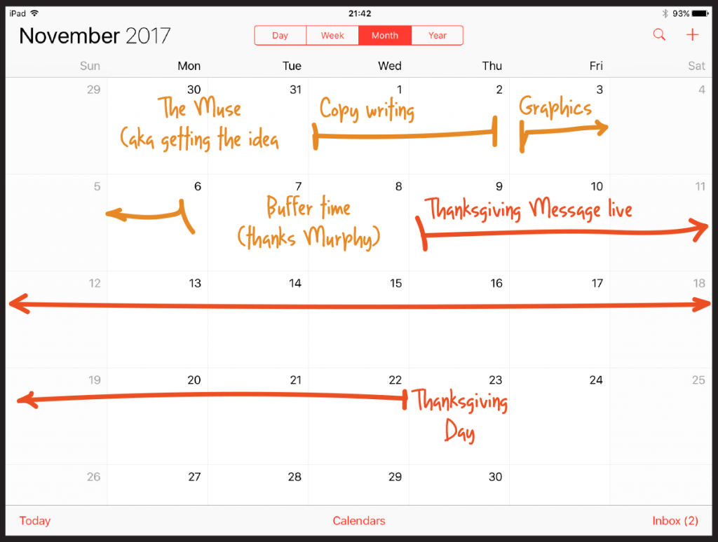 Project calendar showing backtiming at work, starting with project due date and including all components