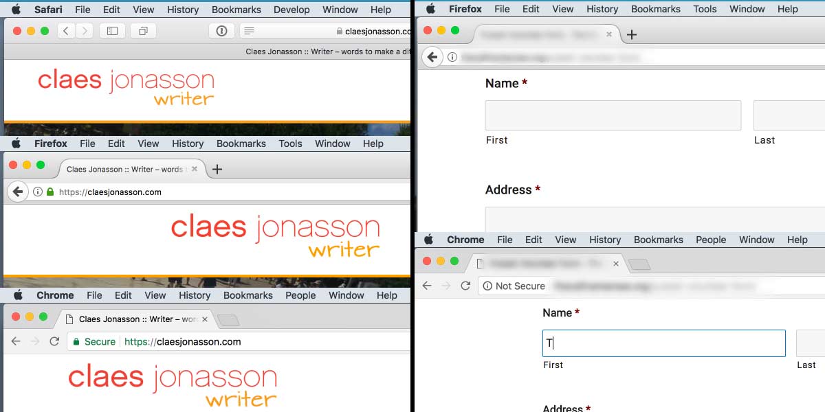 HTTPS secure website displayed in Safari, Firefox and Chrome on the left. HTTP website displayed in  Firefox and Chrome (with "Not Secure" warning" on right.