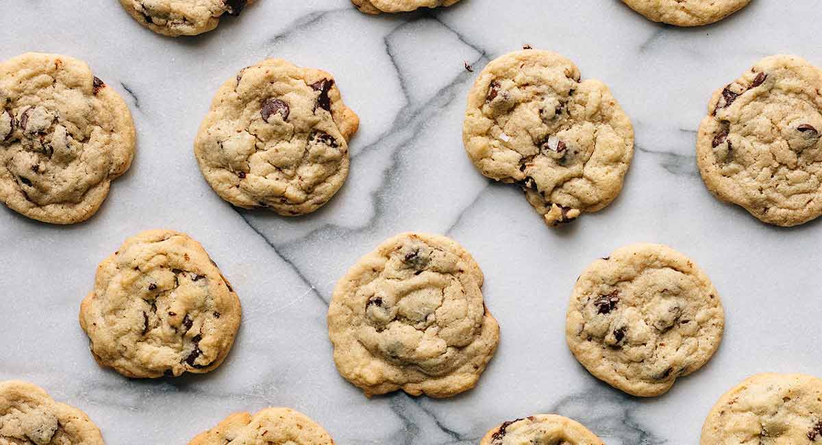 Chocolate chip cookies on marble surface
