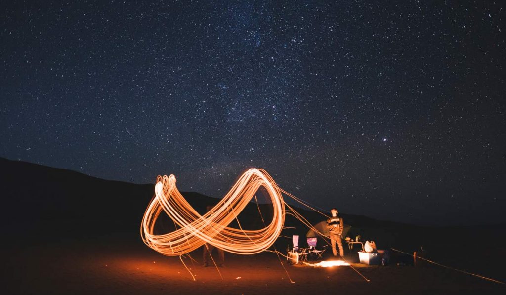 Outside under night sky, campsite, people drawing infinity symbol with lights in time exposure