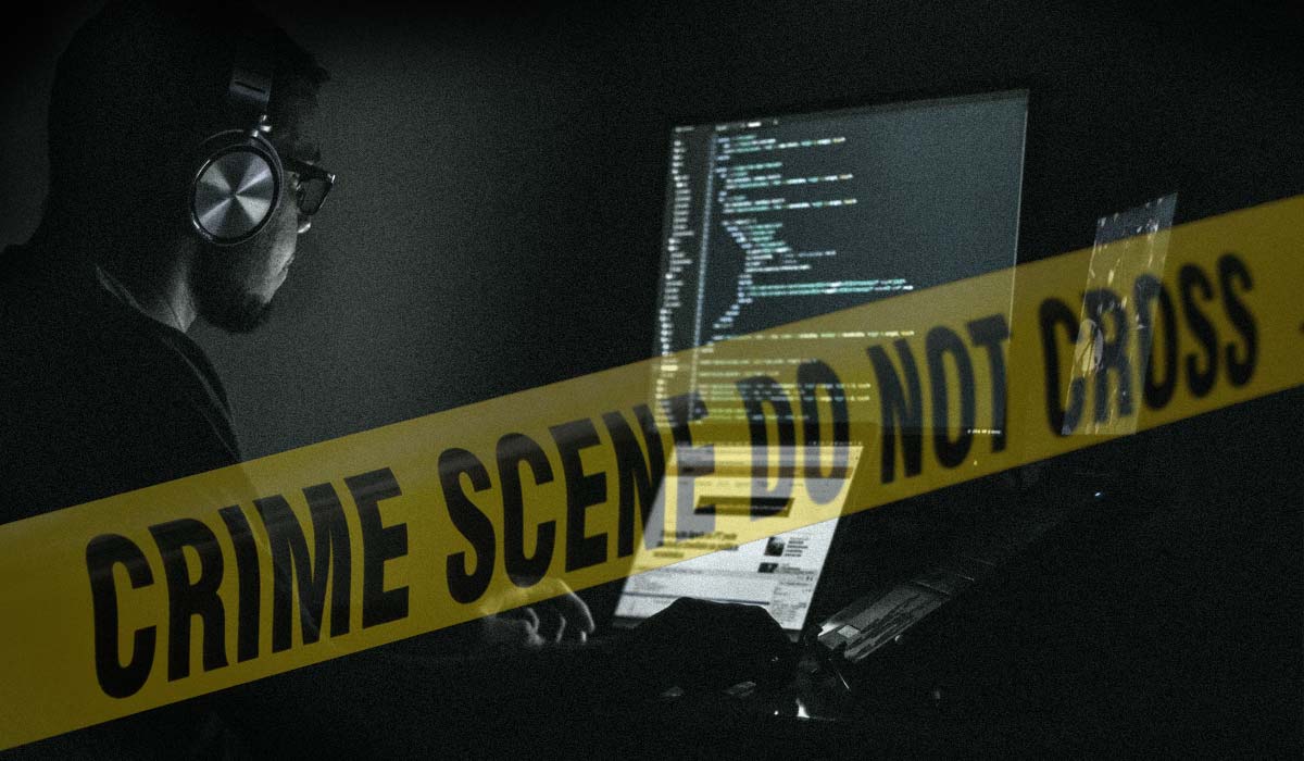 "Crime scene do not cross" tape across image of man in dark room working on computer with multiple monitors