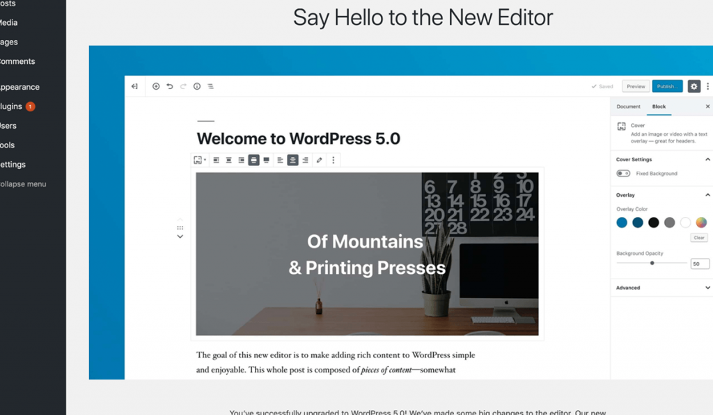 WordPress new editor screen