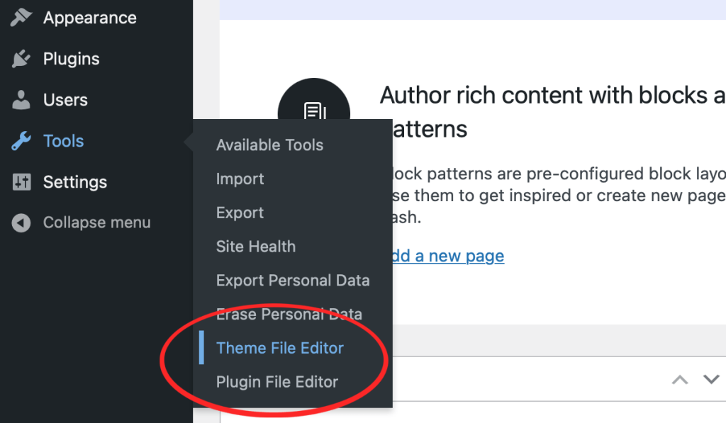 WordPress sidebar with theme & plugin editor showing in menu