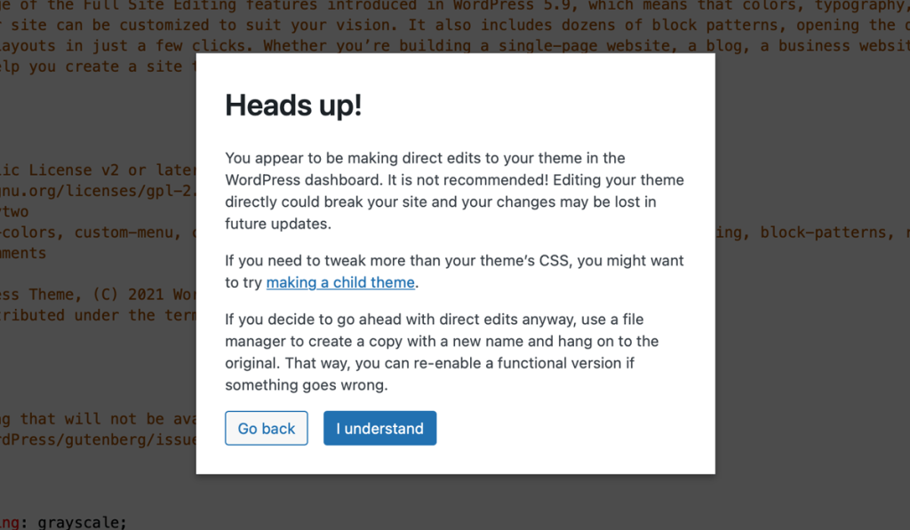 WordPress theme editor warning