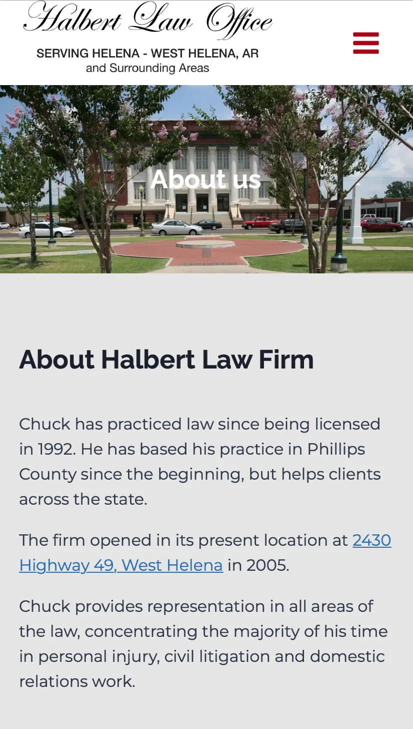 Halbert Law - About us page, mobile phone view